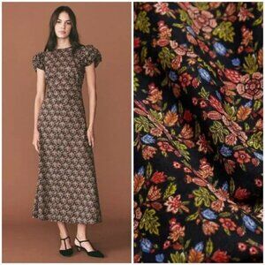 DÔEN💕 Rhodia Dress ~ Puff Sleeve A-Line Maxi Noir Forest Floral Print